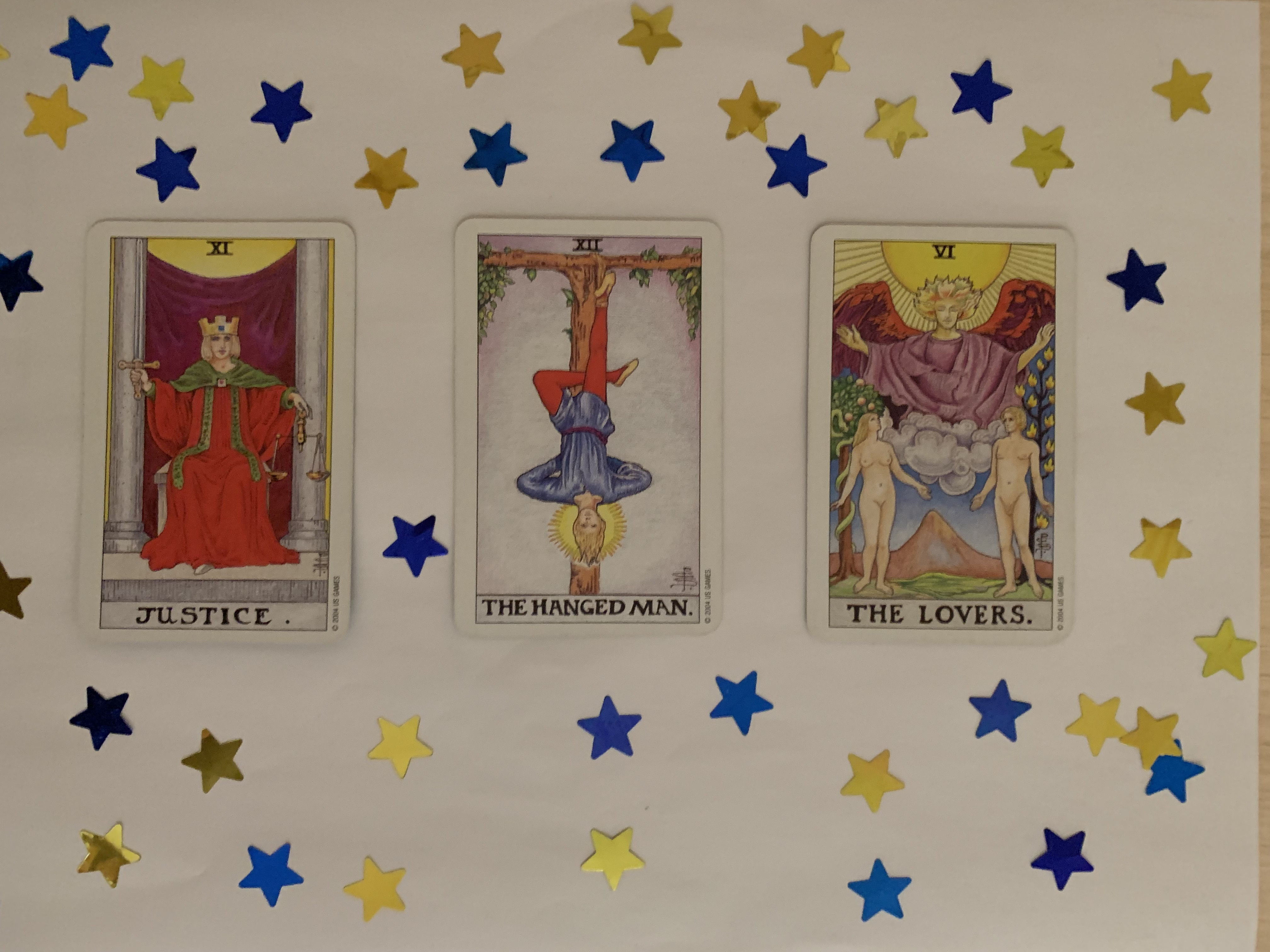 Tanya Fishmann, Cards on the Table, 2021, post-performance reflection photograph associated with the Justice, The Hanged Man and The Lovers Tarot cards